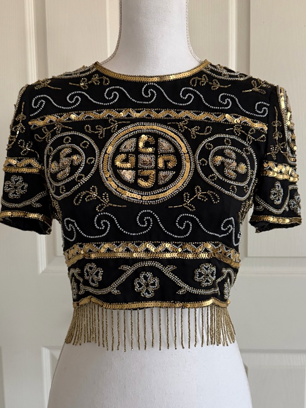Kay Unger Vintage 100% Silk Black and Gold Sequin Beaded Crop Top